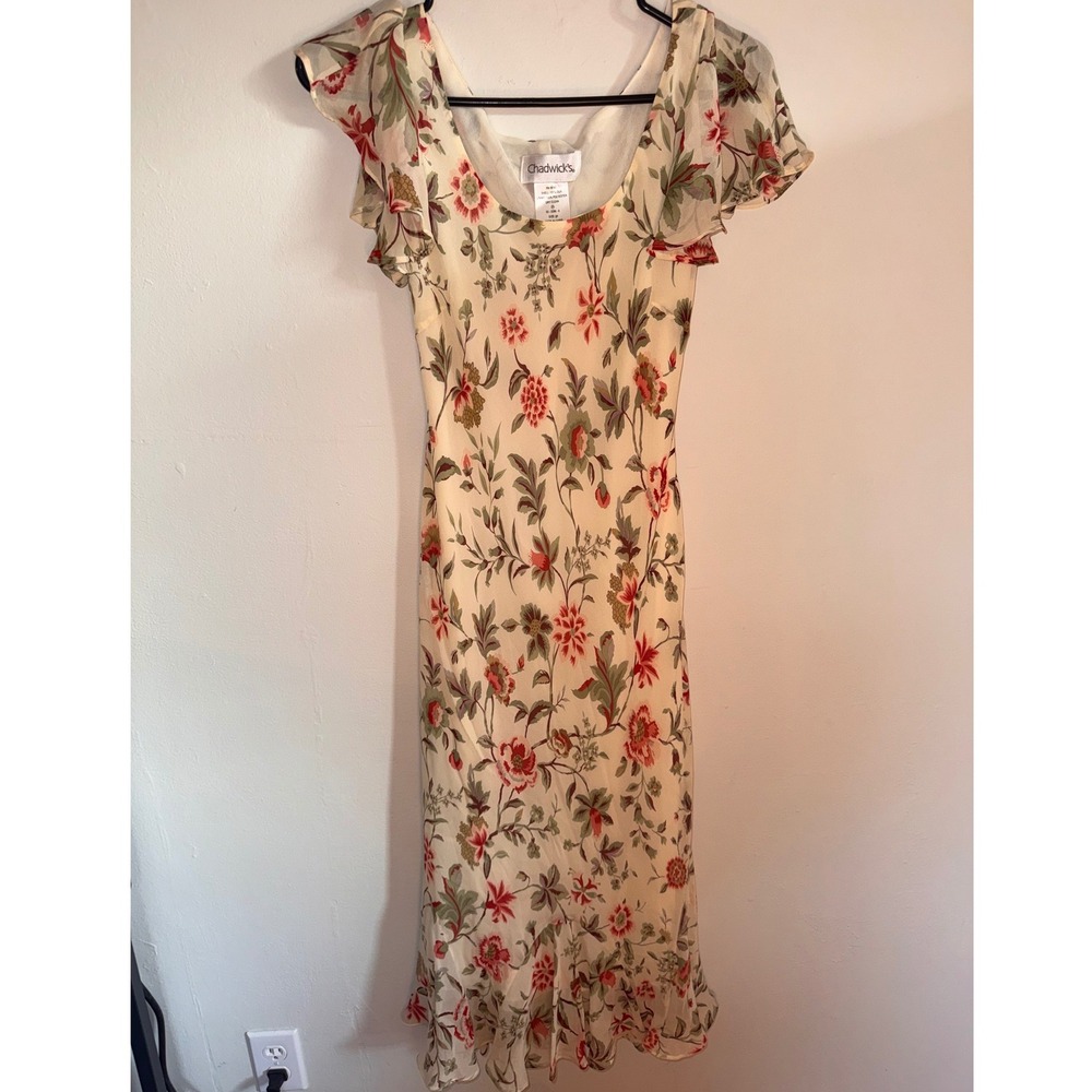 Chadwick's 100% Silk Floral Maxi Dress Cream Red Flutter Sleeve Ruffle Hem 2P